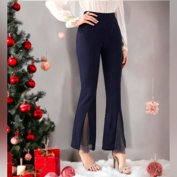 SHEIN NEW MODELY CONTRAST MESH FLARE LEG PANT SPARKLING NAVY BLUE LARGE - Picture 2 of 5